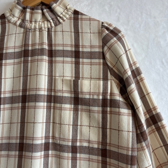 Sezane womens cream brown mock neck wool blend Plaid Long Sleeve Dress size 34 - Picture 3 of 14